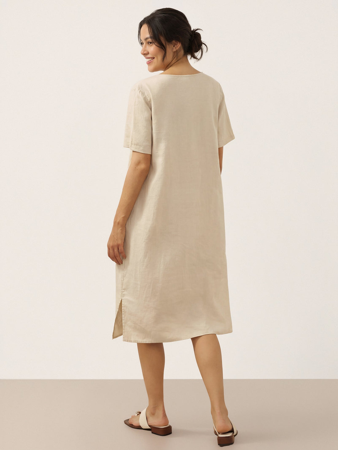 100% Linen Button Front V-Neck Midi Dress NOA by LINTICO