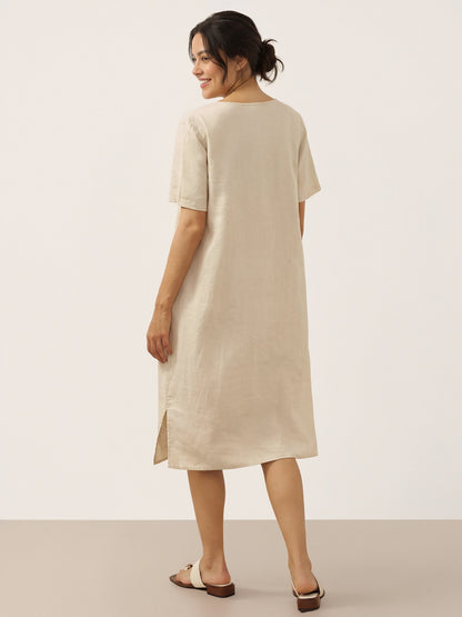 100% Linen Button Front V-Neck Midi Dress NOA by LINTICO