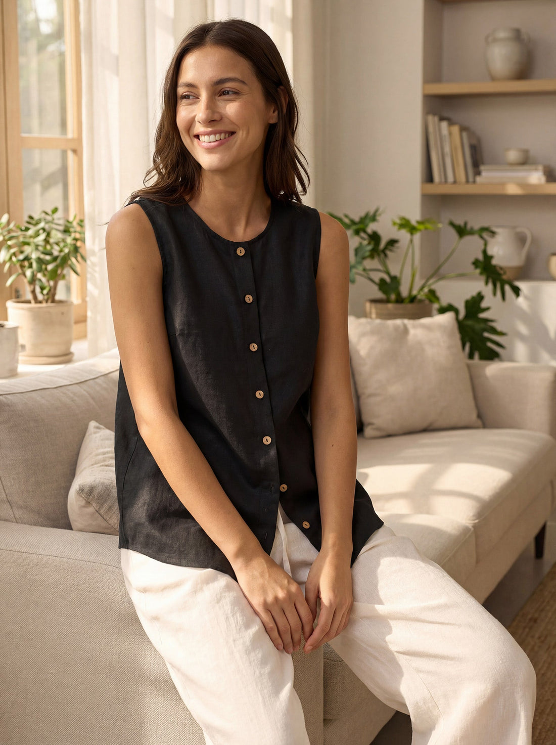 100% Linen Buttons Down Tank Top ERIN  DestGlow
