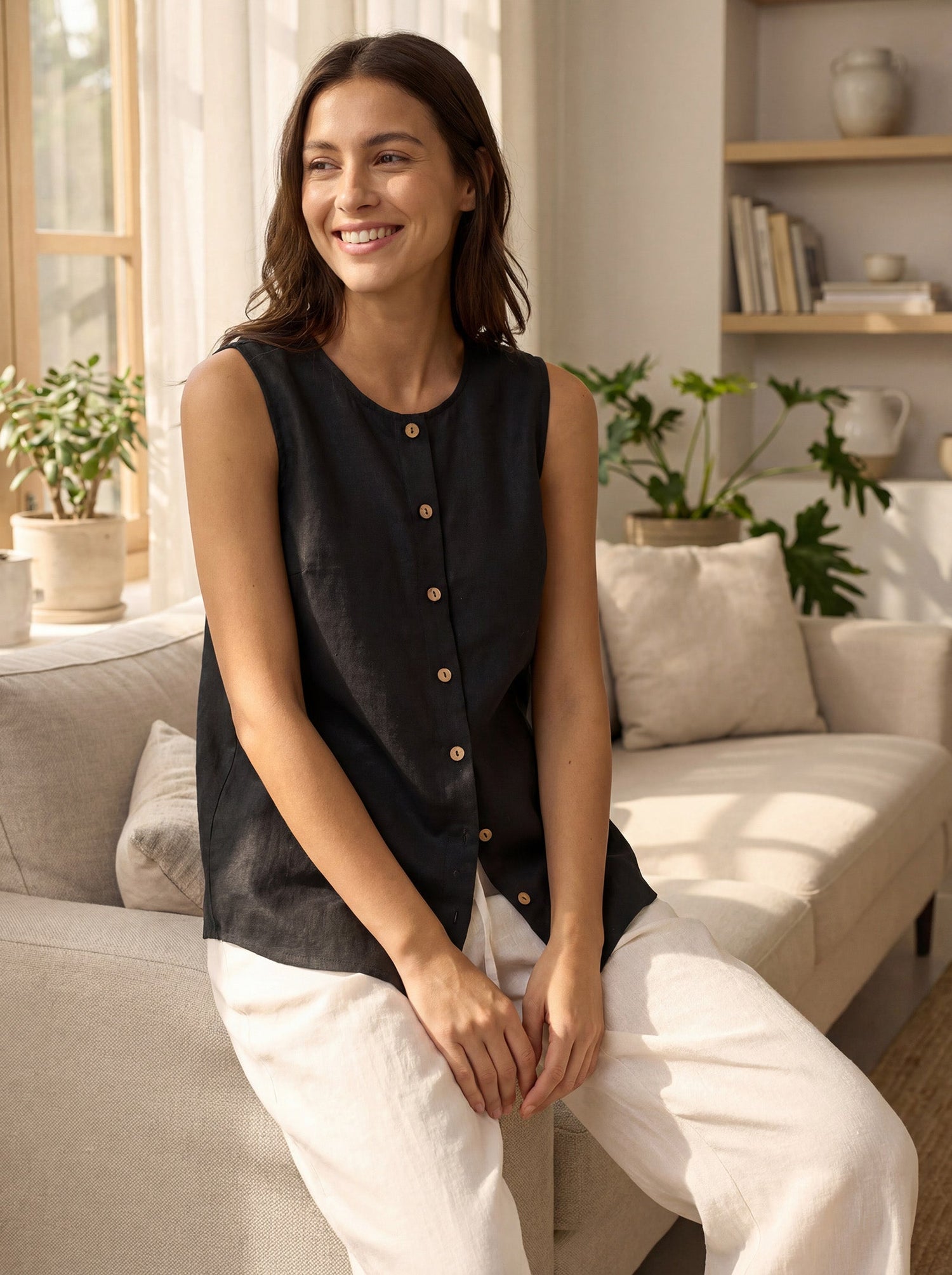 100% Linen Buttons Down Tank Top ERIN by LINTICO