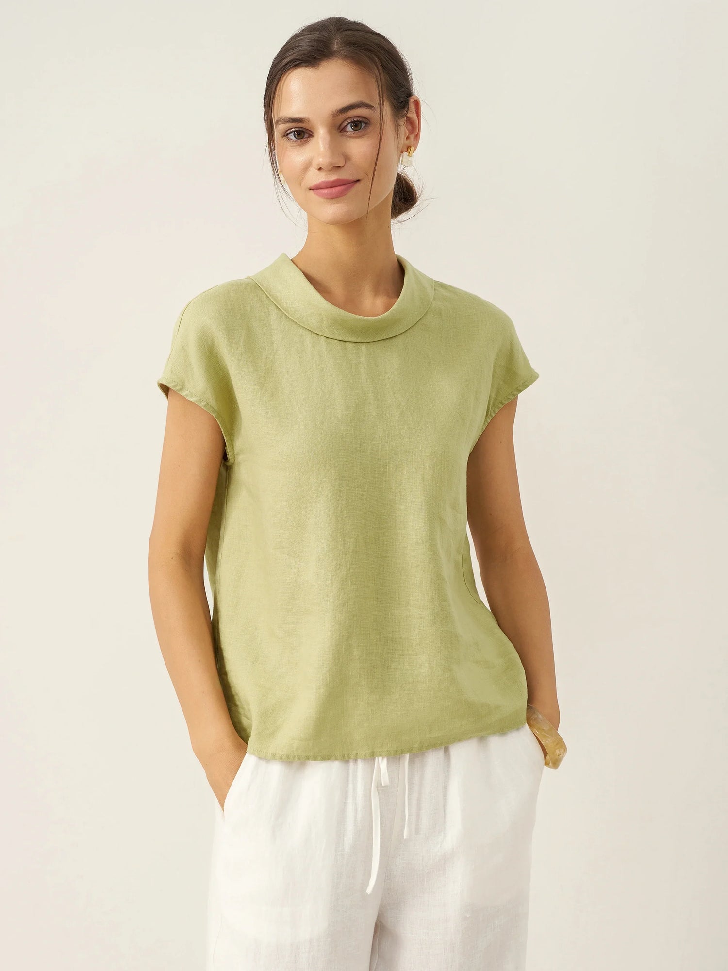 100% Linen Cap Sleeve Soft-Fold Collar Top YVONNE by LINTICO