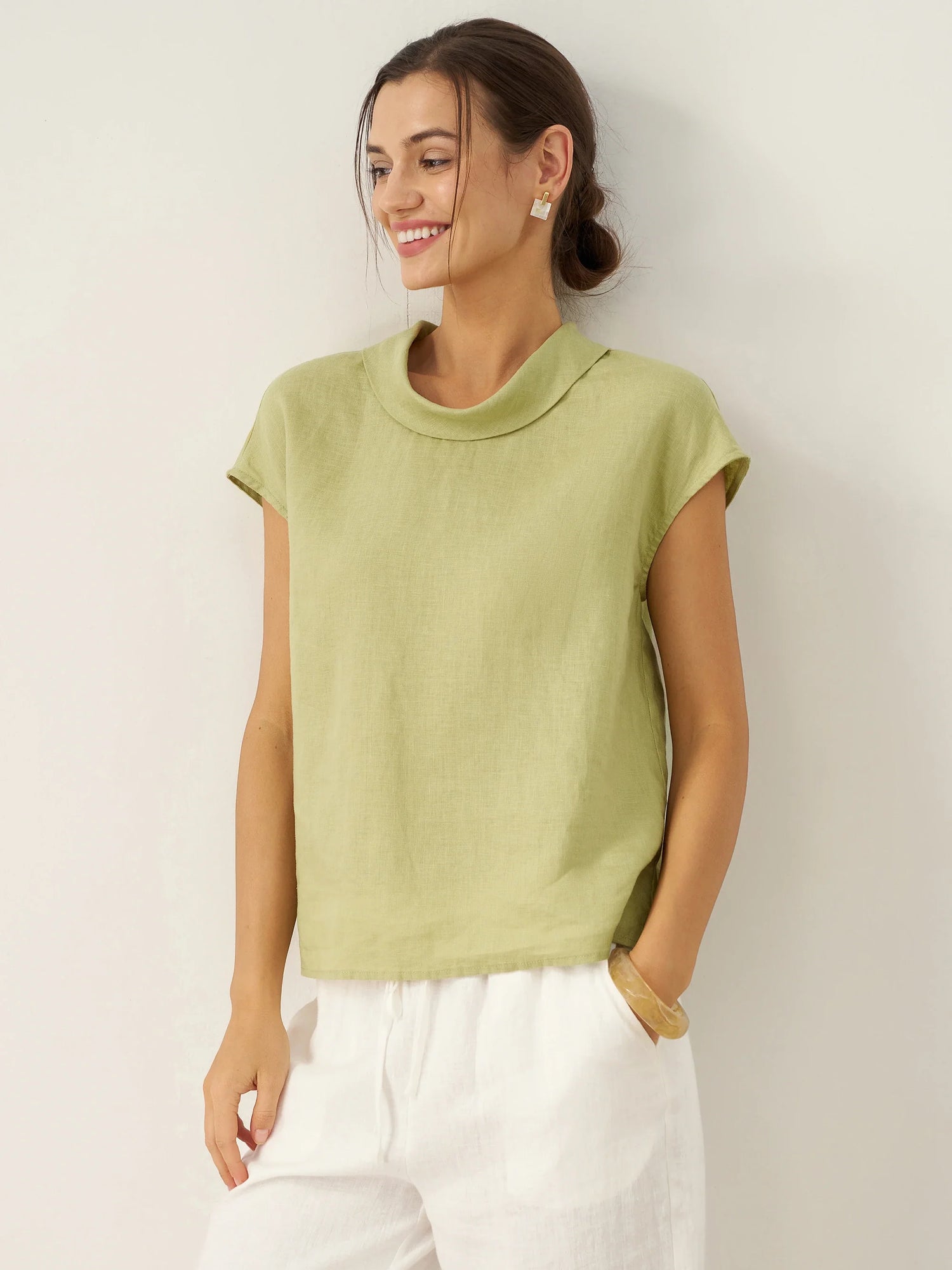 100% Linen Cap Sleeve Soft-Fold Collar Top YVONNE by LINTICO