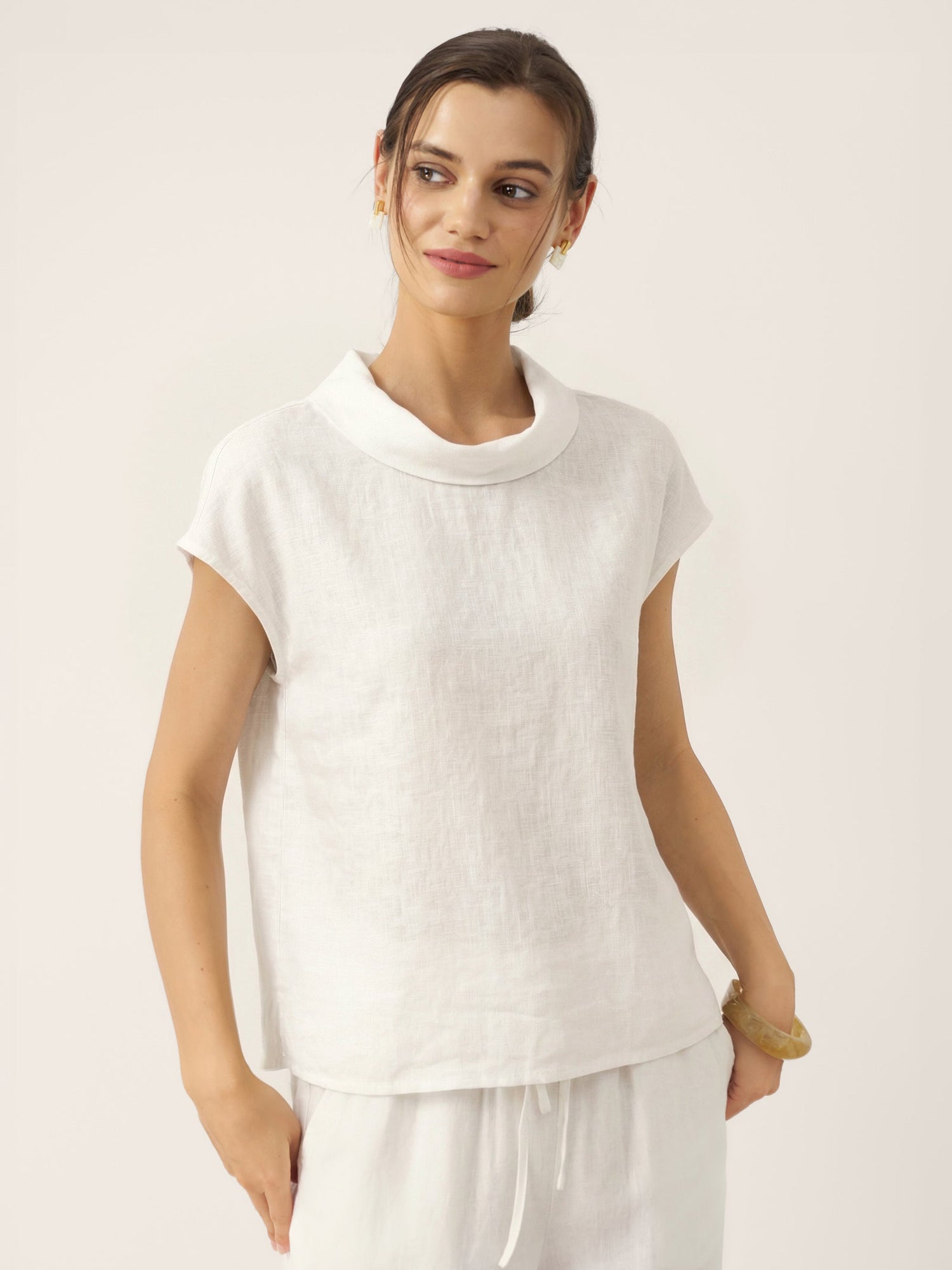 100% Linen Cap Sleeve Soft-Fold Collar Top YVONNE by LINTICO