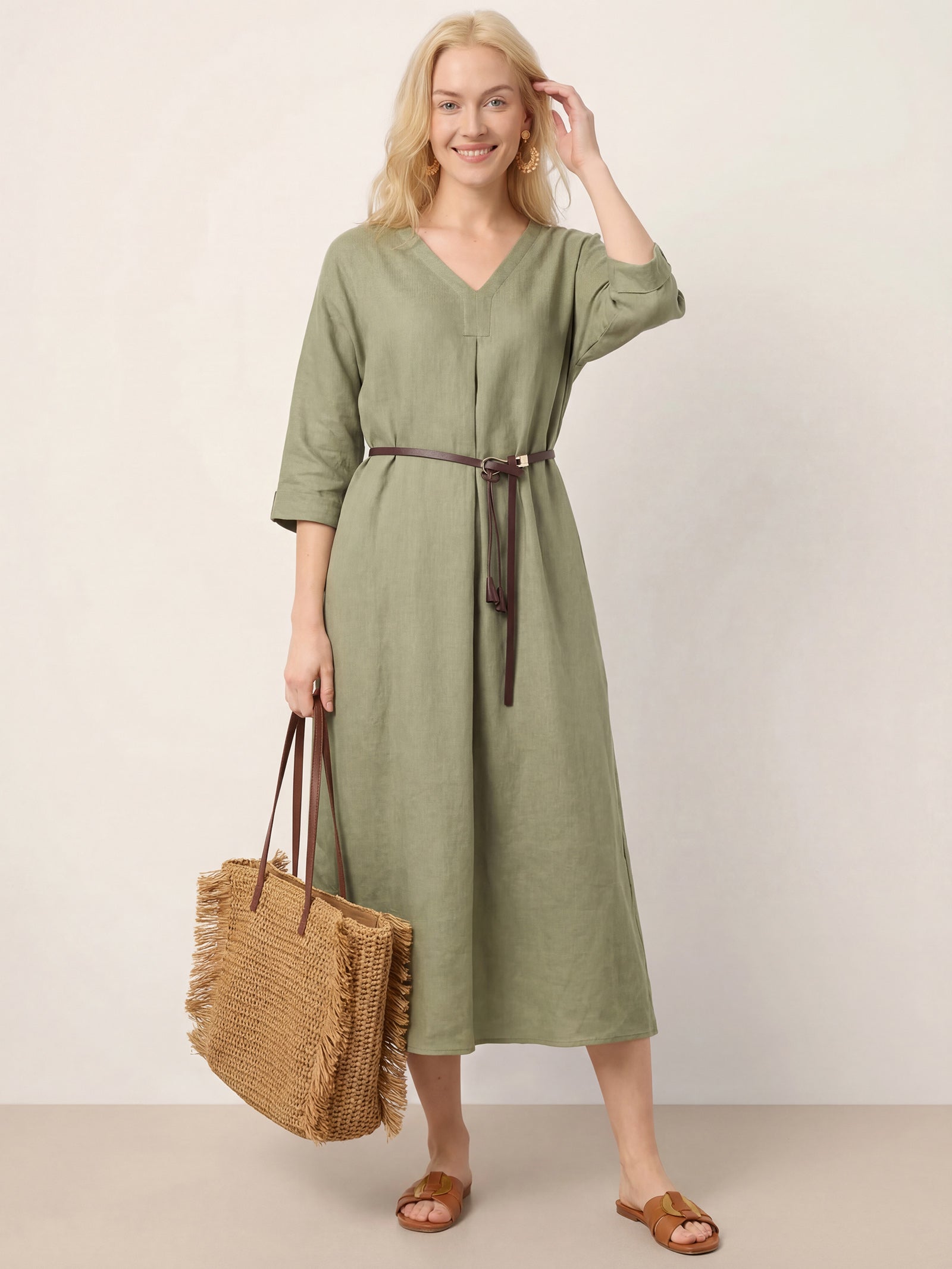 100% Linen Center Pleat V-Neck Cuffed Sleeve Maxi Dress ZENOBIA by LINTICO