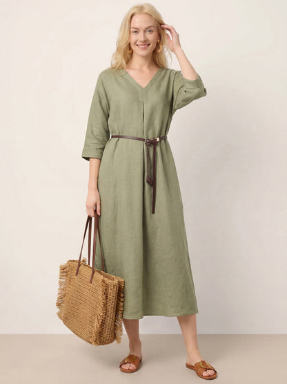 100% Linen Center Pleat V-Neck Cuffed Sleeve Maxi Dress ZENOBIA by LINTICO