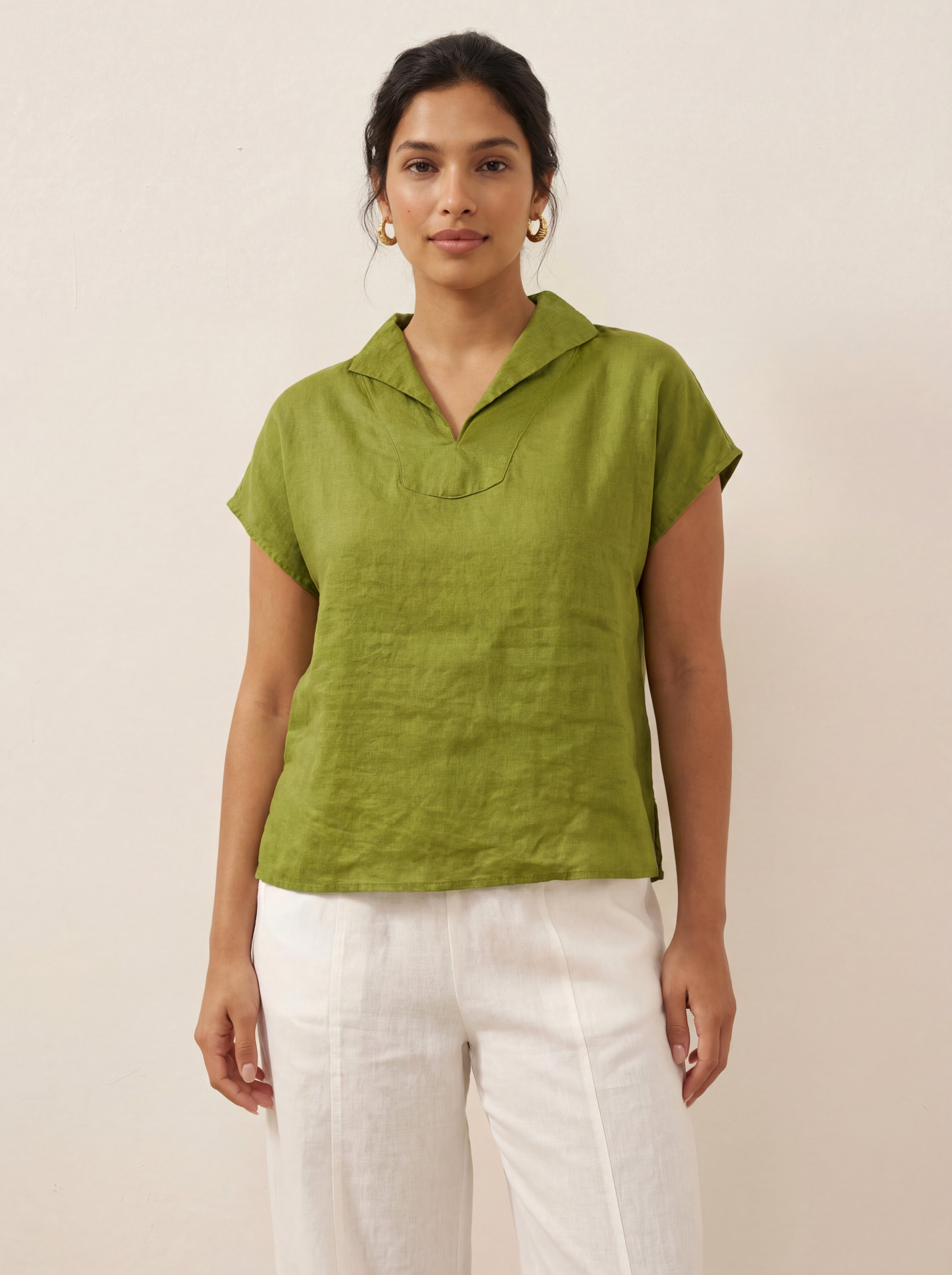 100% Linen Collared Cap Sleeve Top IVY by LINTICO