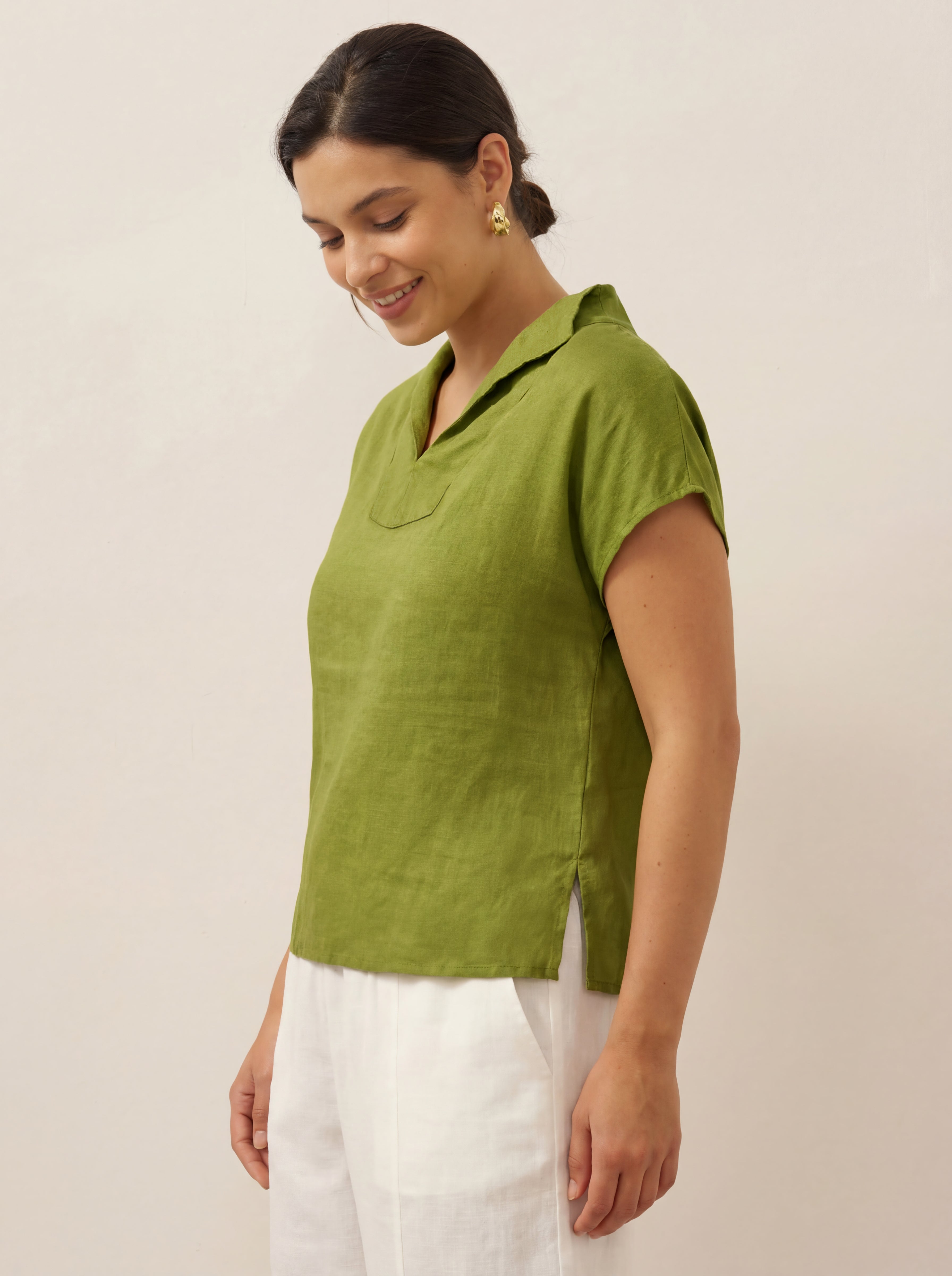 100% Linen Collared Cap Sleeve Top IVY by LINTICO