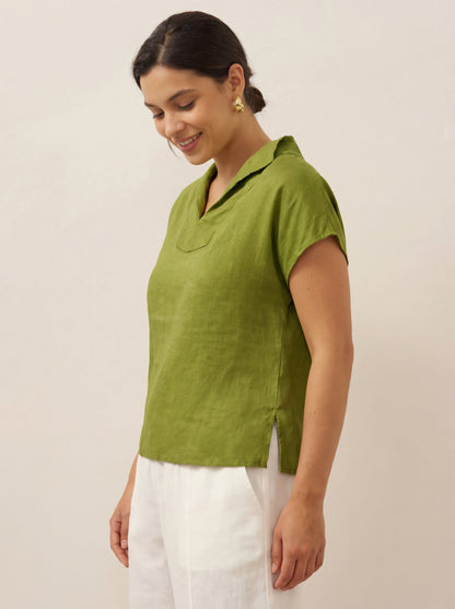 100% Linen Collared Cap Sleeve Top IVY by LINTICO