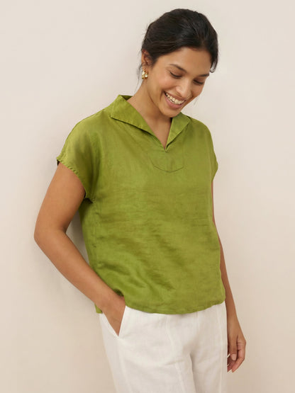 100% Linen Collared Cap Sleeve Top IVY by LINTICO