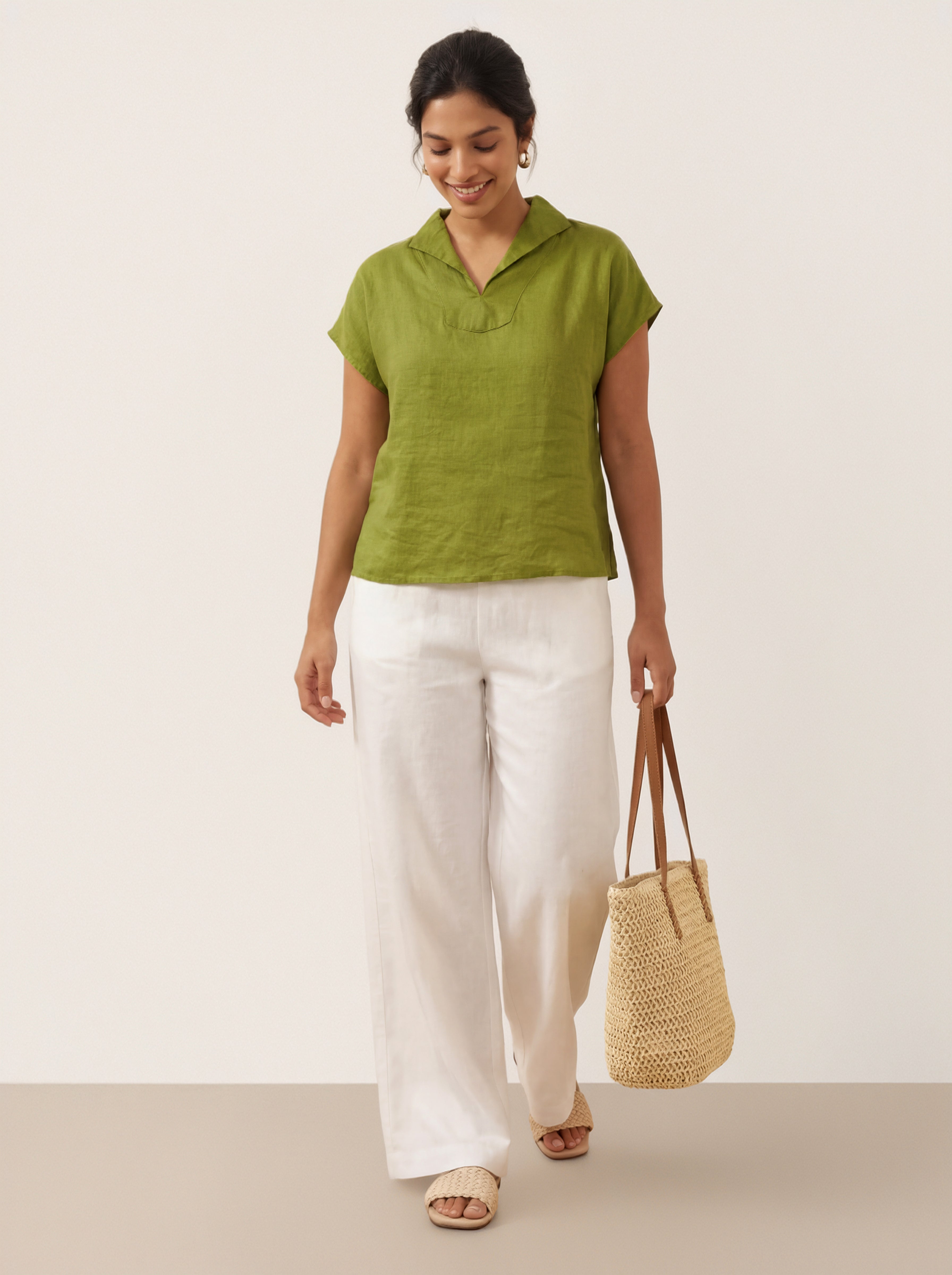 100% Linen Collared Cap Sleeve Top IVY by LINTICO
