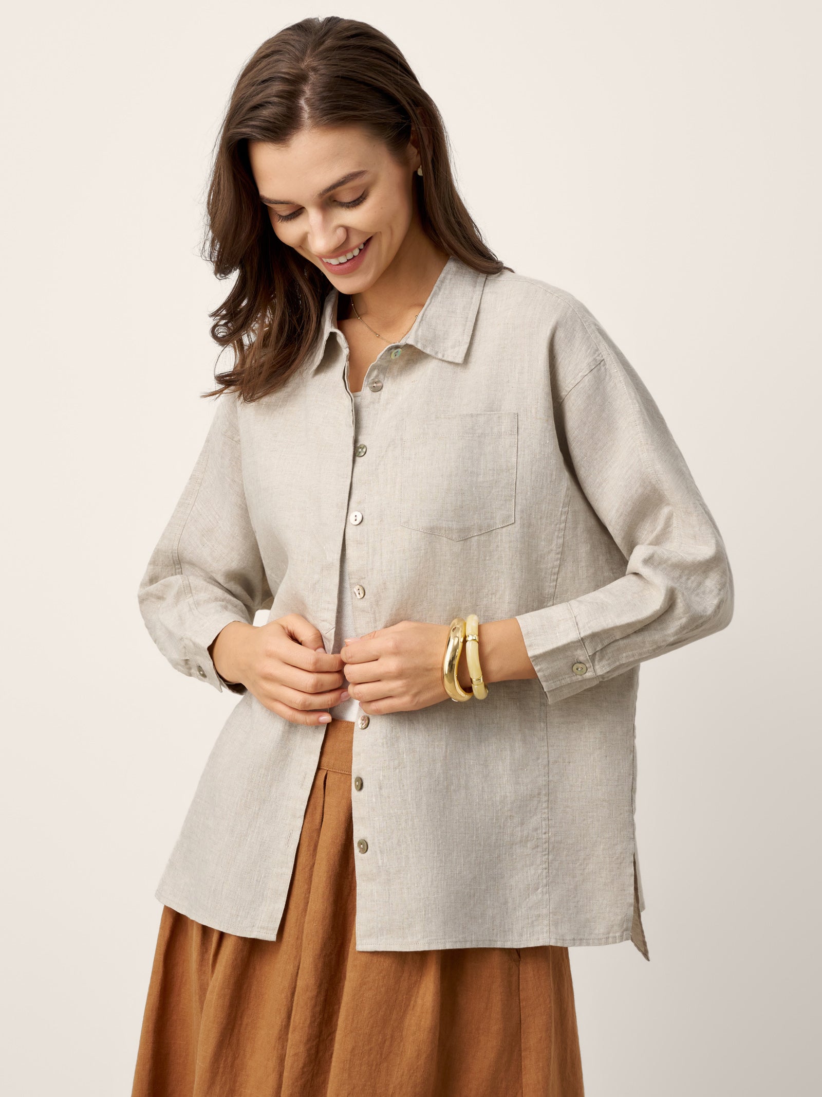 100% Linen Concealed Placket Patch Pocket Shirt FELICITY by LINTICO