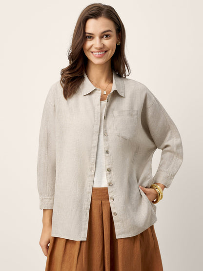 100% Linen Concealed Placket Patch Pocket Shirt FELICITY by LINTICO