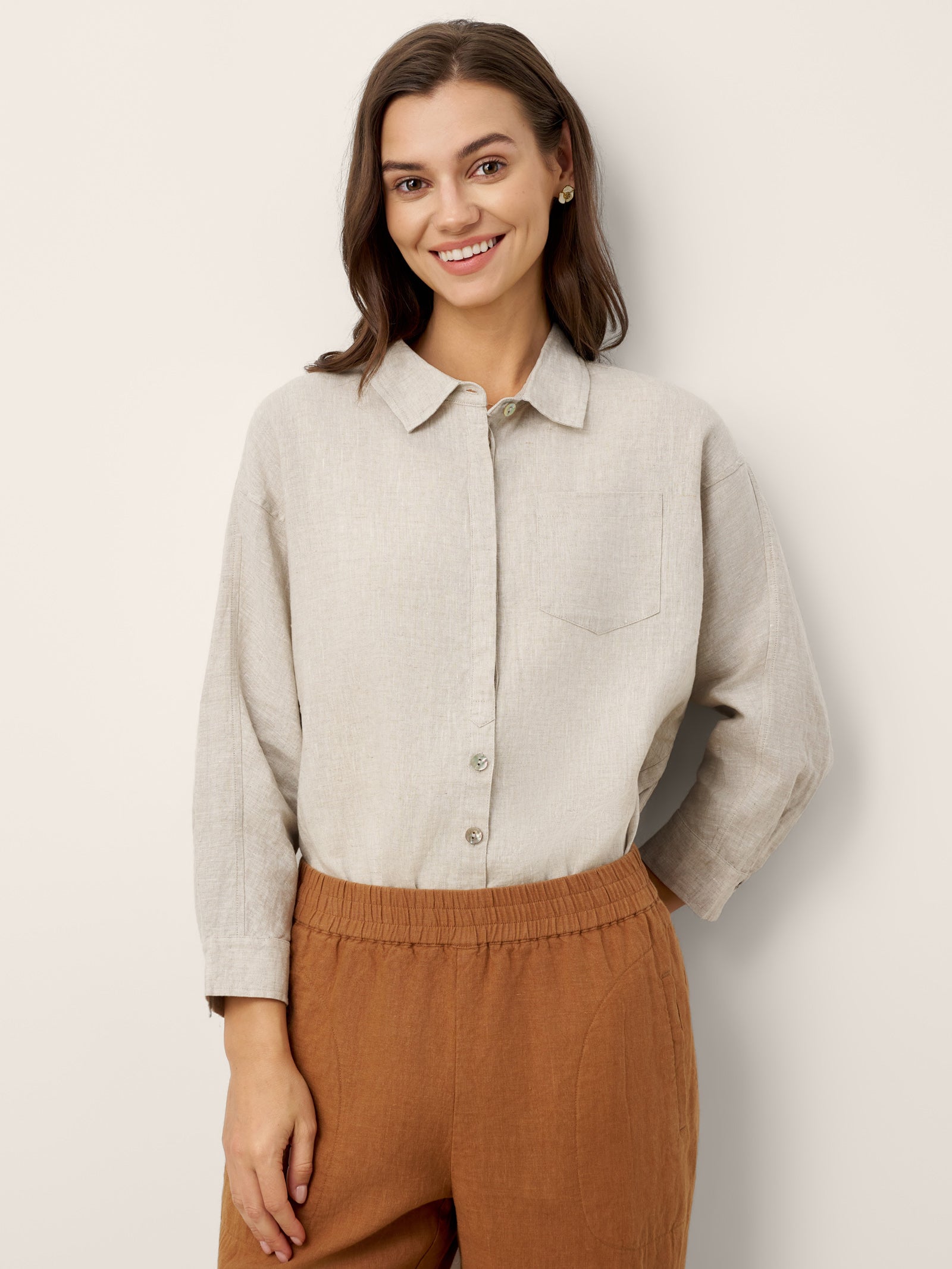 100% Linen Concealed Placket Patch Pocket Shirt FELICITY by LINTICO