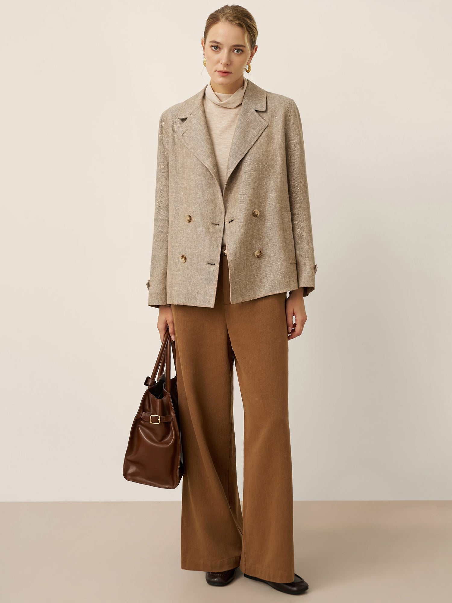 100% Linen Convertible Stand Collar Double Breasted Blazer Jacket NAOMI by LINTICO