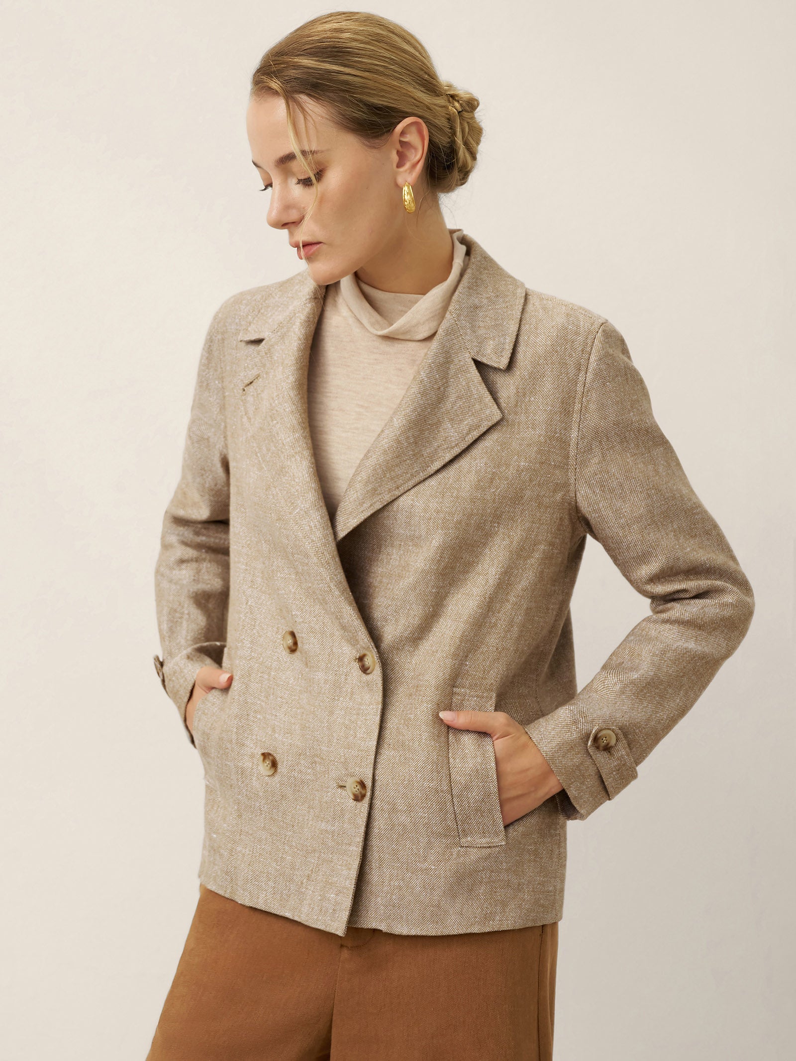 100% Linen Convertible Stand Collar Double Breasted Blazer Jacket NAOMI by LINTICO