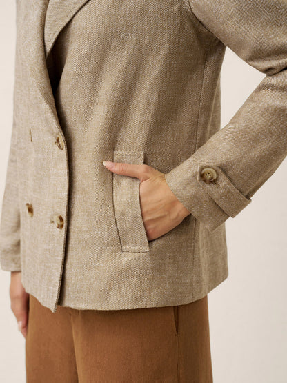 100% Linen Convertible Stand Collar Double Breasted Blazer Jacket NAOMI by LINTICO