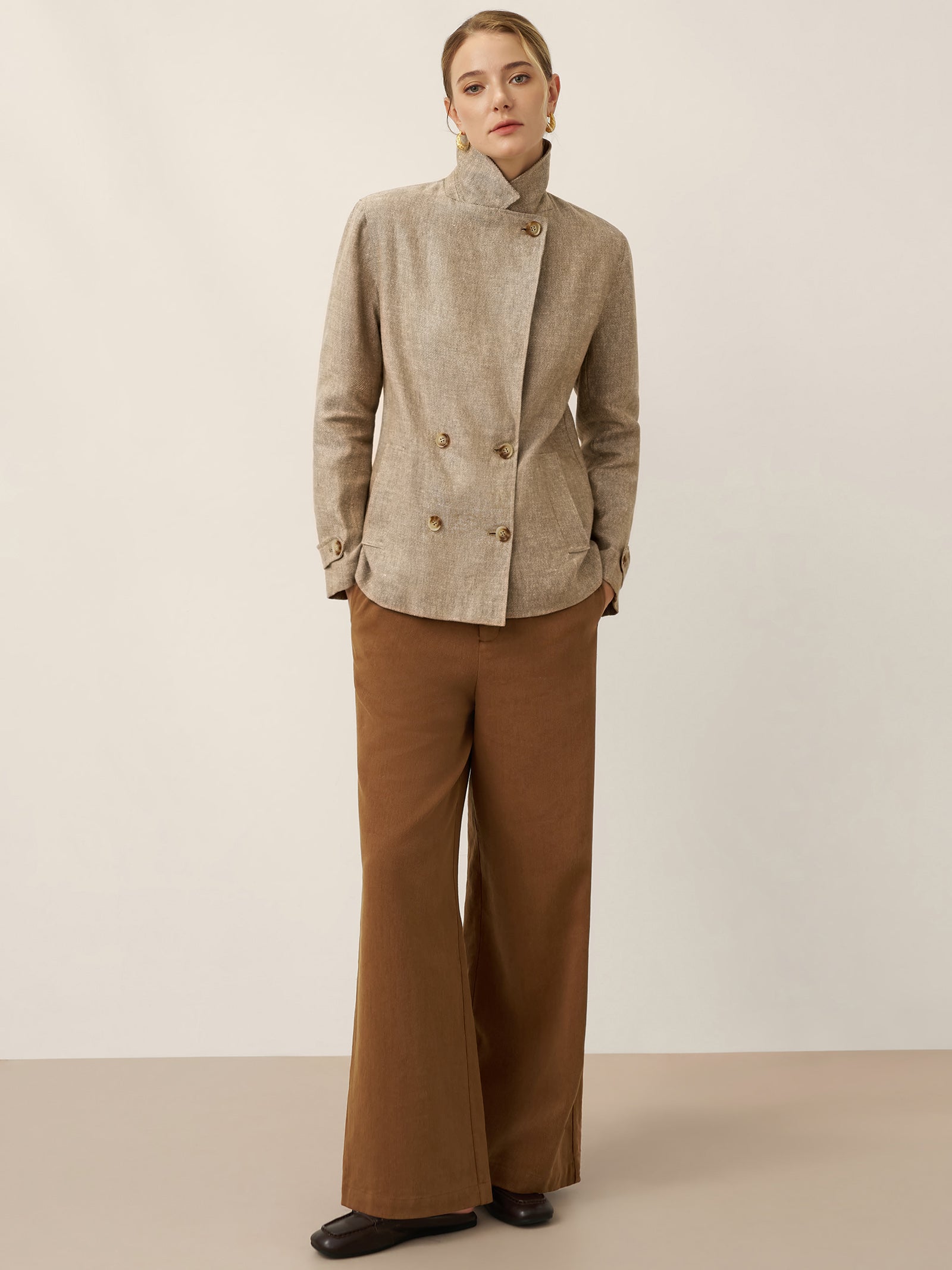 100% Linen Convertible Stand Collar Double Breasted Blazer Jacket NAOMI by LINTICO