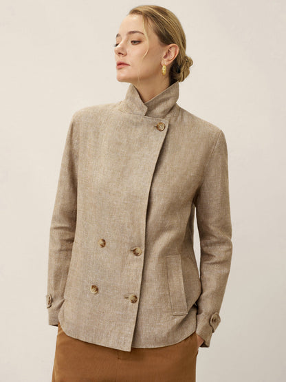 100% Linen Convertible Stand Collar Double Breasted Blazer Jacket NAOMI by LINTICO