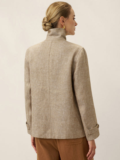 100% Linen Convertible Stand Collar Double Breasted Blazer Jacket NAOMI by LINTICO