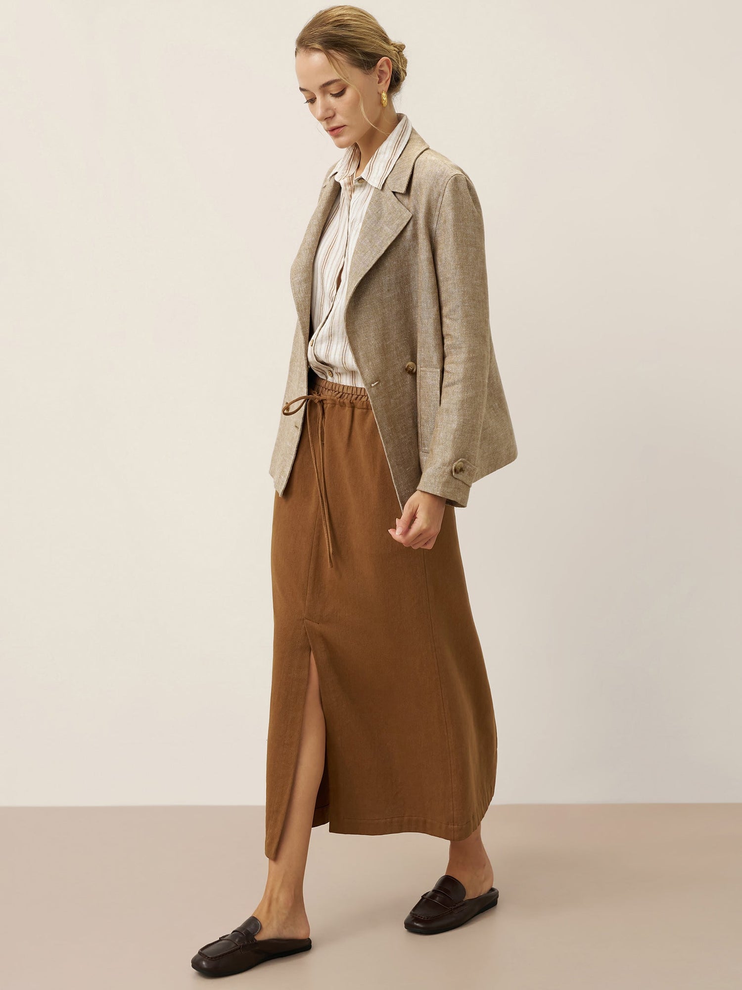 100% Linen Convertible Stand Collar Double Breasted Blazer Jacket NAOMI by LINTICO