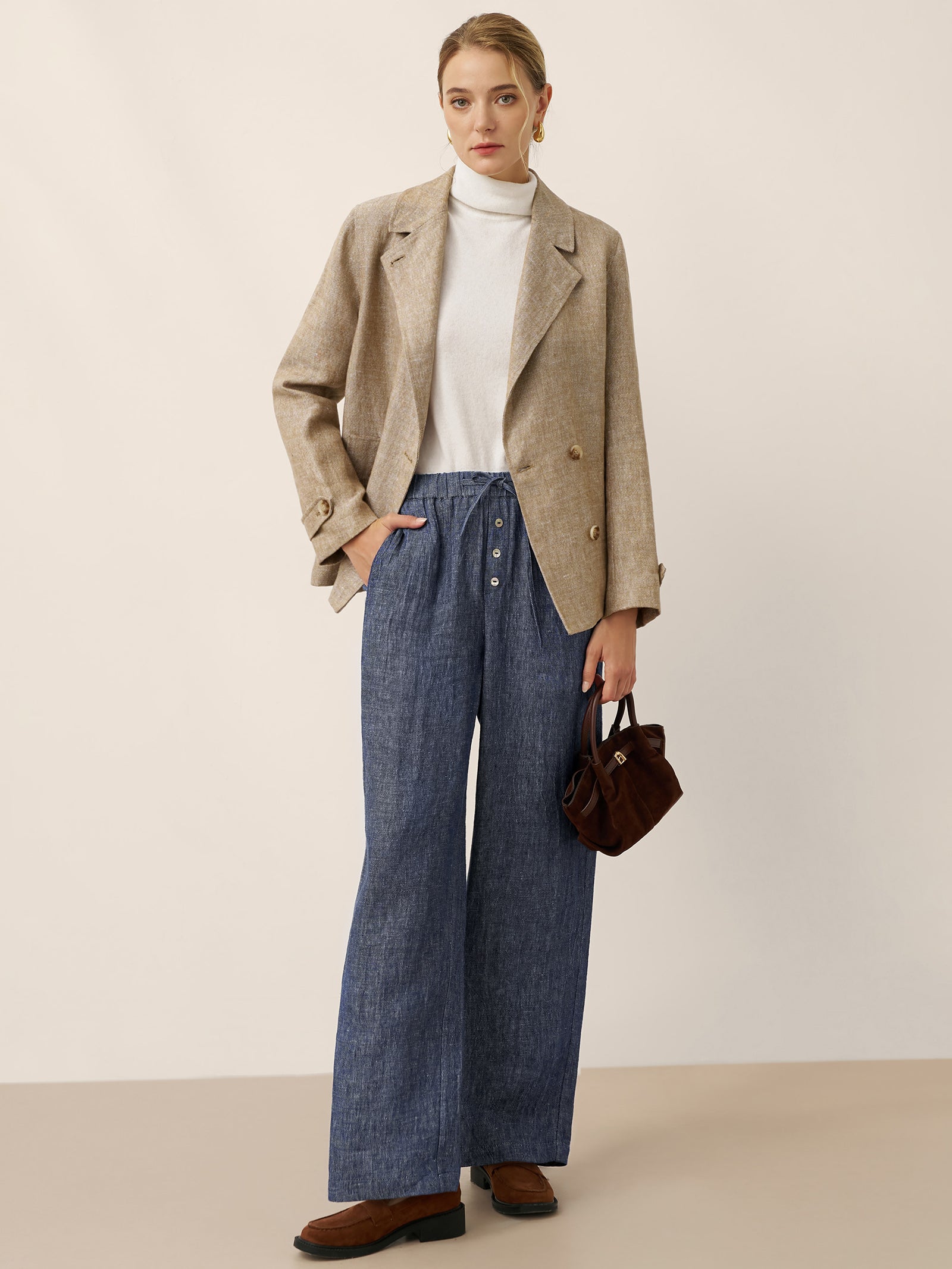 100% Linen Convertible Stand Collar Double Breasted Blazer Jacket NAOMI by LINTICO