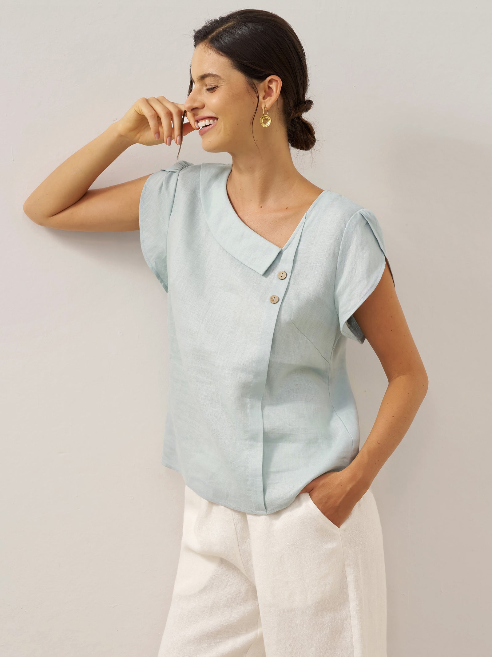 100% Linen Crescent Collar Flutter Sleeve Top FARA by LINTICO