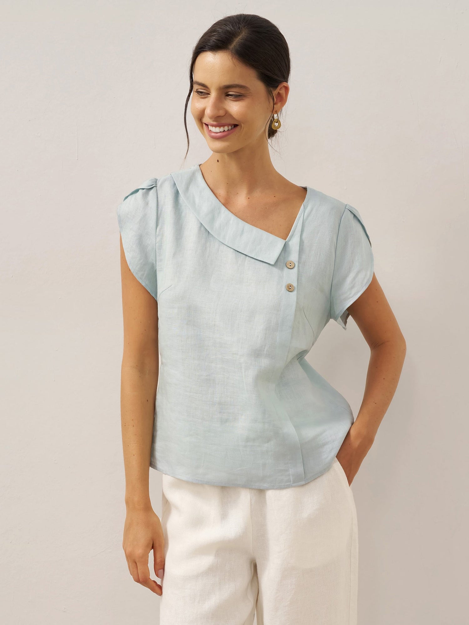 100% Linen Crescent Collar Flutter Sleeve Top FARA by LINTICO