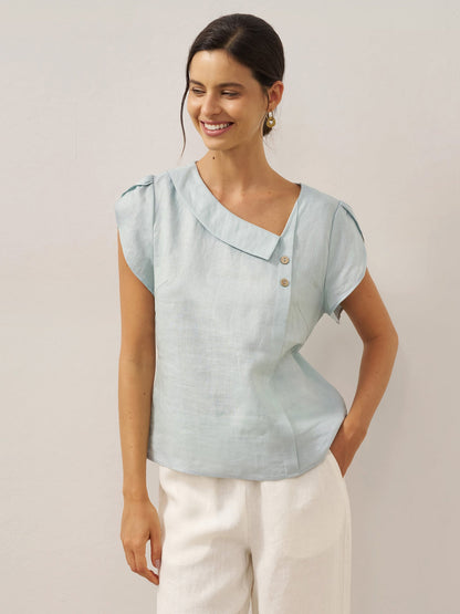 100% Linen Crescent Collar Flutter Sleeve Top FARA by LINTICO