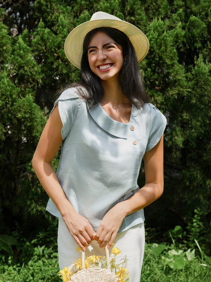 100% Linen Crescent Collar Flutter Sleeve Top FARA by LINTICO