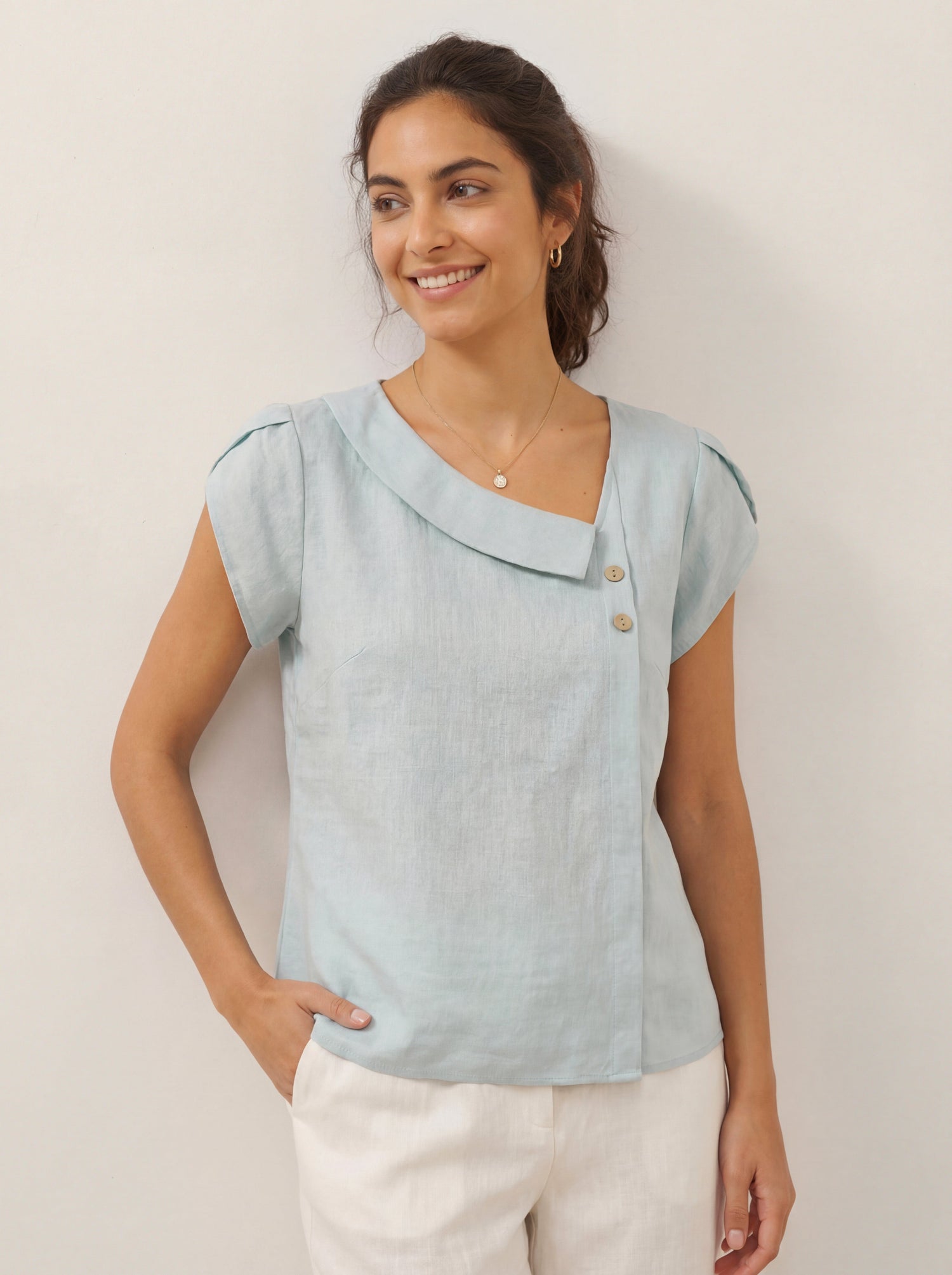 100% Linen Crescent Collar Flutter Sleeve Top FARA by LINTICO