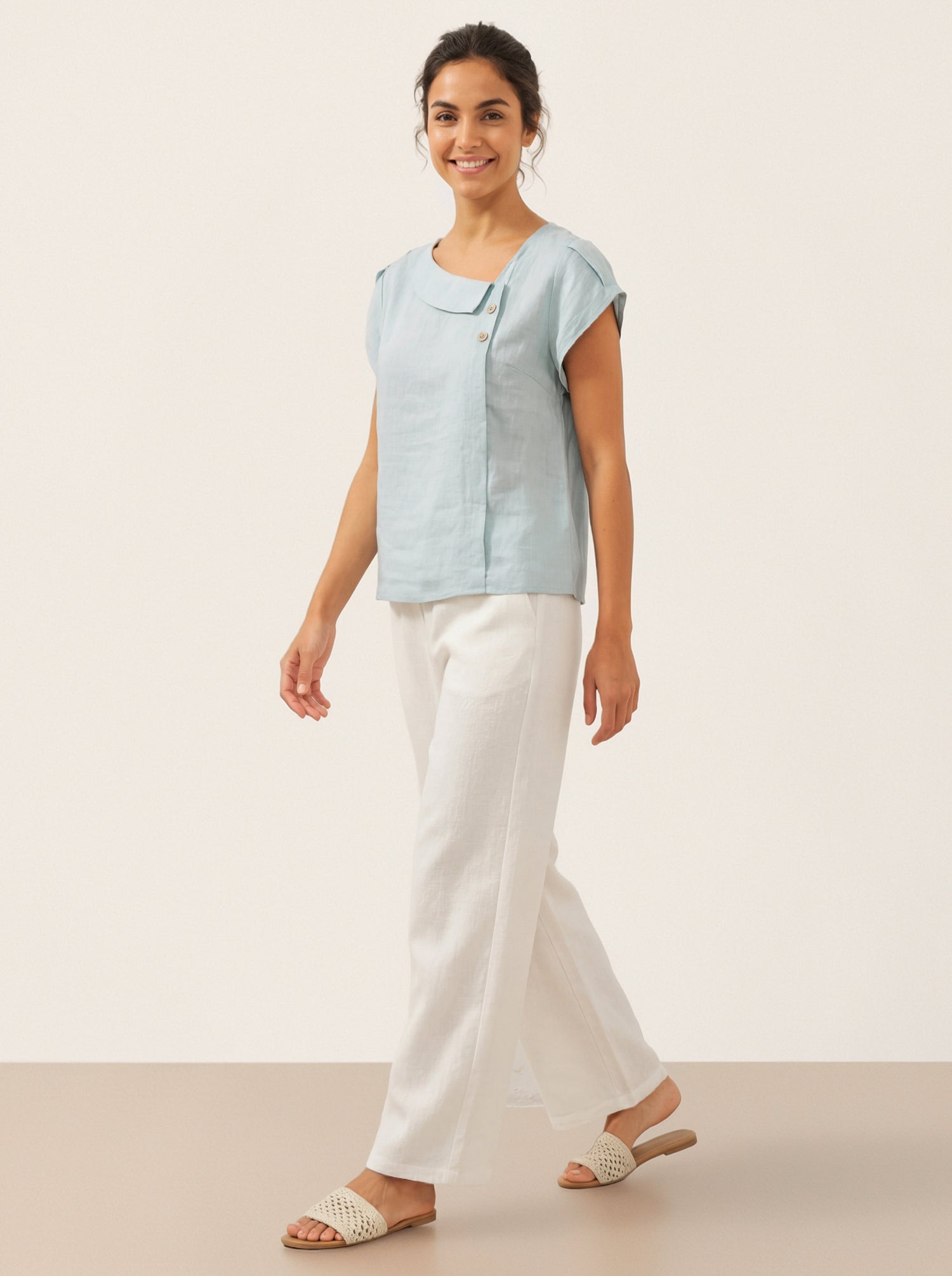 100% Linen Crescent Collar Flutter Sleeve Top FARA by LINTICO