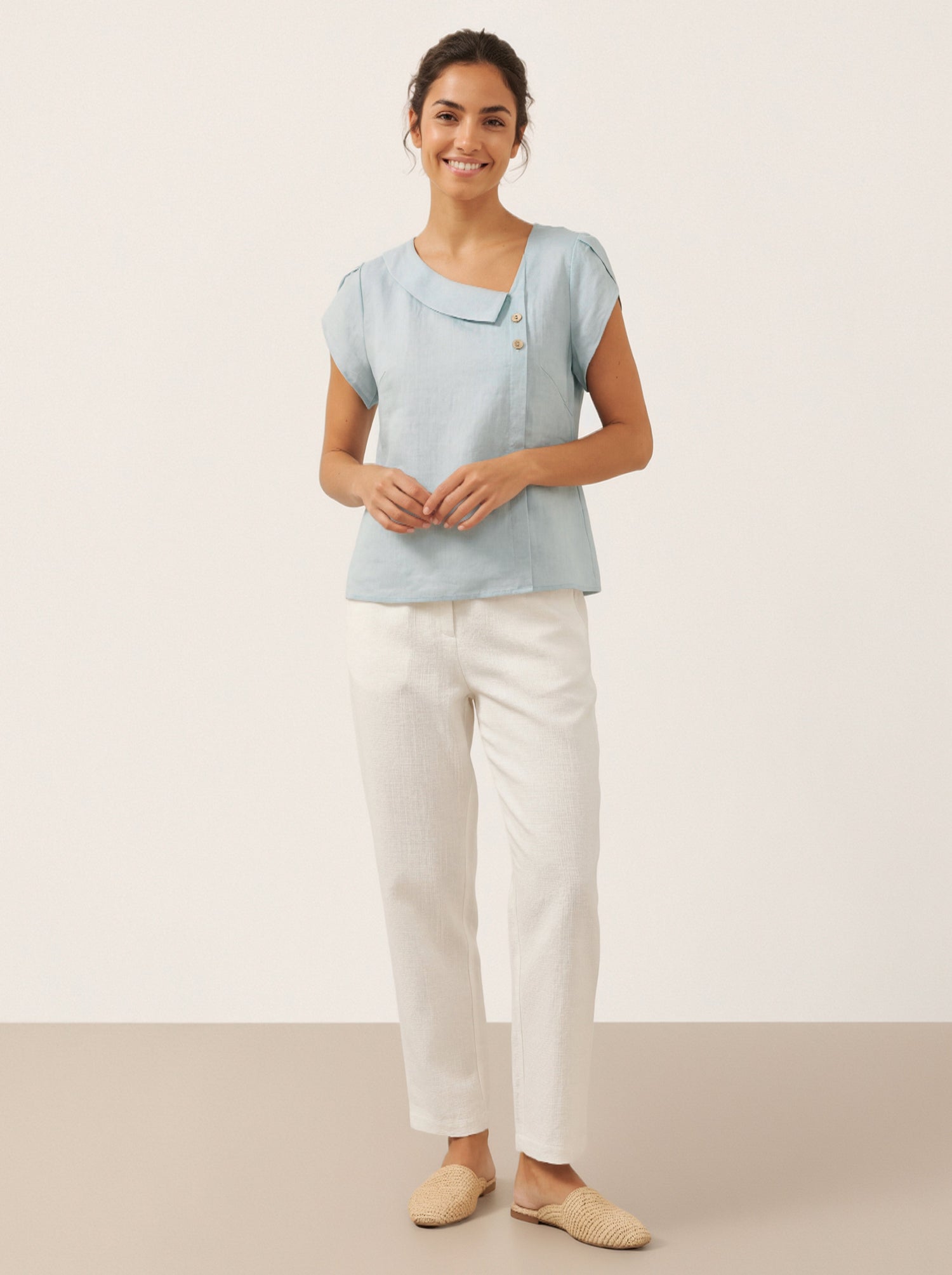 100% Linen Crescent Collar Flutter Sleeve Top FARA by LINTICO