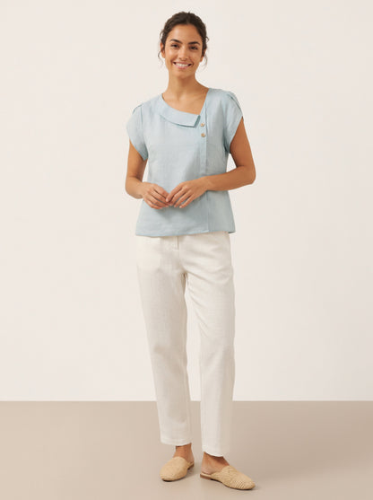 100% Linen Crescent Collar Flutter Sleeve Top FARA by LINTICO