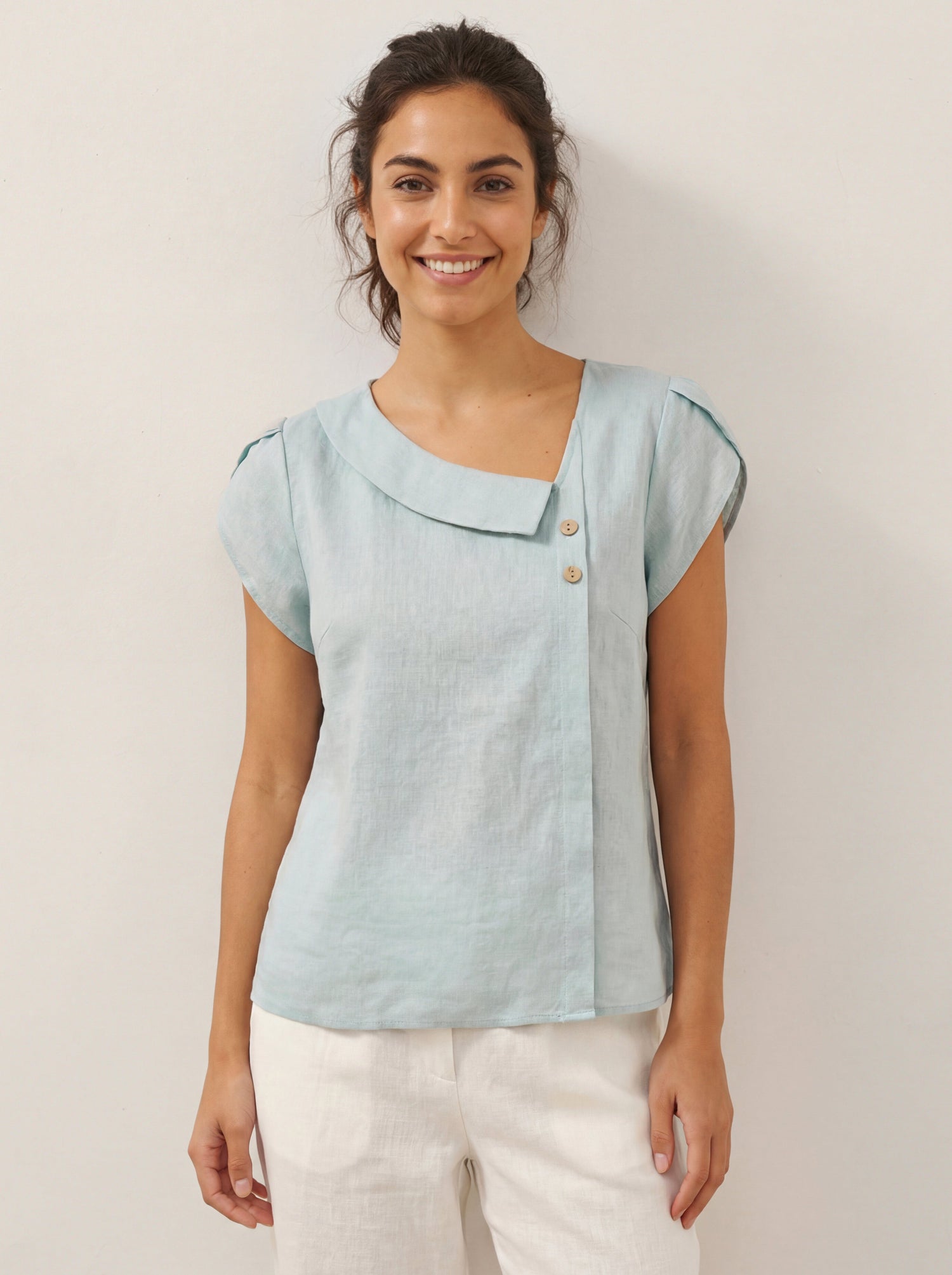 100% Linen Crescent Collar Flutter Sleeve Top FARA by LINTICO