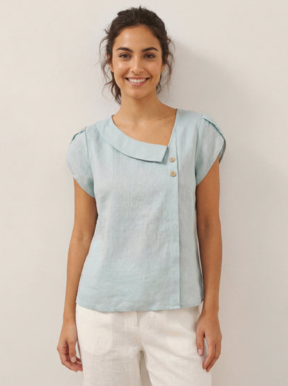 100% Linen Crescent Collar Flutter Sleeve Top FARA by LINTICO