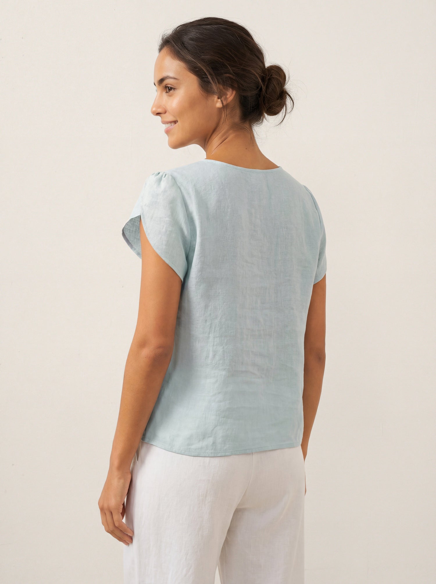 100% Linen Crescent Collar Flutter Sleeve Top FARA by LINTICO