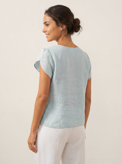 100% Linen Crescent Collar Flutter Sleeve Top FARA by LINTICO