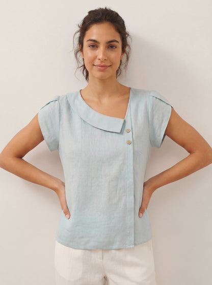 100% Linen Crescent Collar Flutter Sleeve Top FARA by LINTICO
