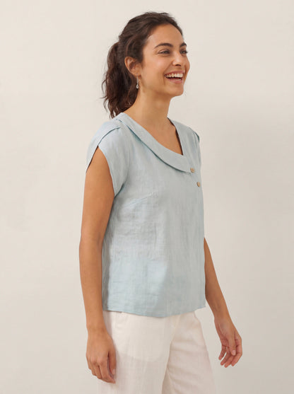 100% Linen Crescent Collar Flutter Sleeve Top FARA by LINTICO