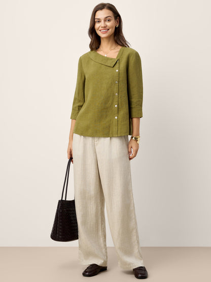 100% Linen Crescent Neck Button Detail 3/4 Sleeve Top ADALYN by LINTICO