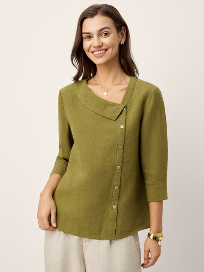 100% Linen Crescent Neck Button Detail 3/4 Sleeve Top ADALYN by LINTICO