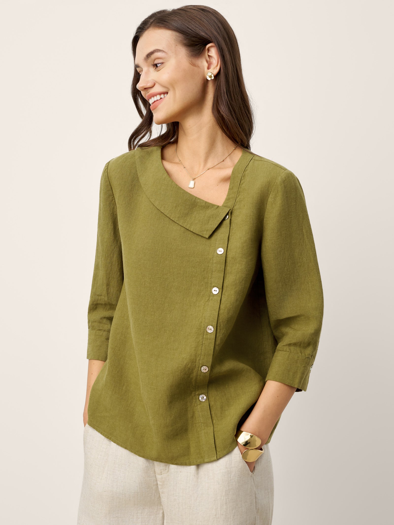 100% Linen Crescent Neck Button Detail 3/4 Sleeve Top ADALYN by LINTICO