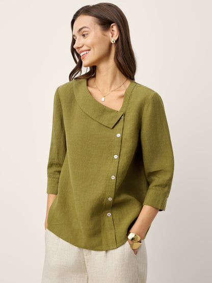100% Linen Crescent Neck Button Detail 3/4 Sleeve Top ADALYN by LINTICO
