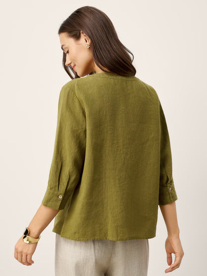 100% Linen Crescent Neck Button Detail 3/4 Sleeve Top ADALYN by LINTICO