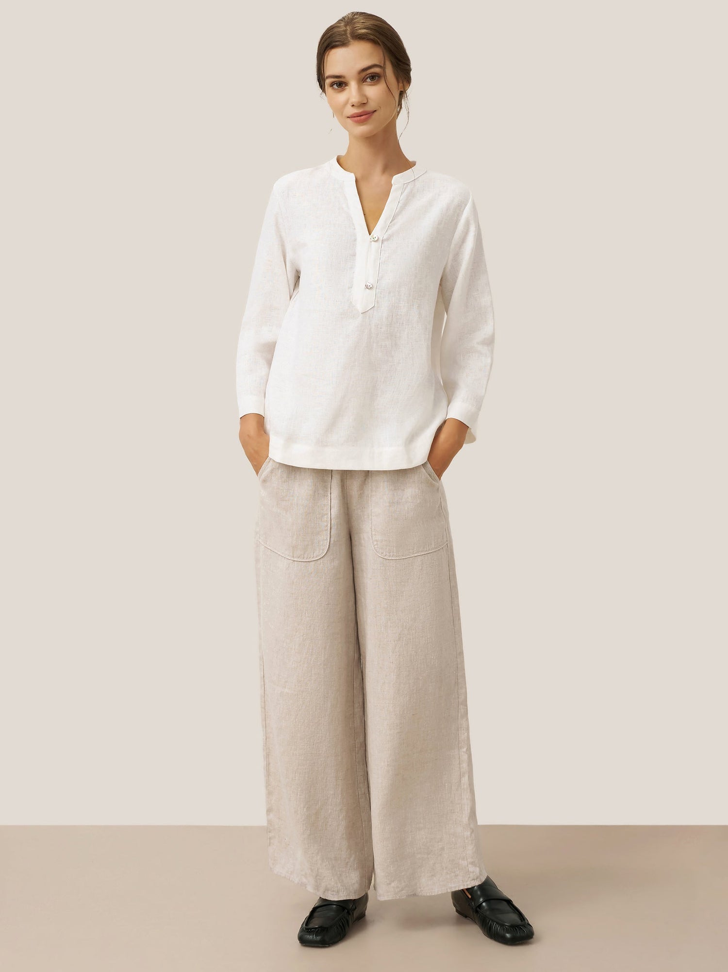 100% Linen Deep V-Neck Pullover with Button-Trim JOLYNE by LINTICO