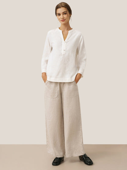 100% Linen Deep V-Neck Pullover with Button-Trim JOLYNE by LINTICO
