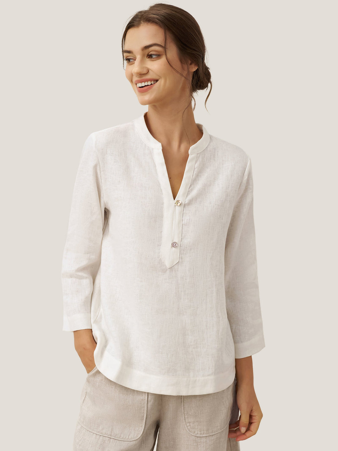 100% Linen Deep V-Neck Pullover with Button-Trim JOLYNE by LINTICO