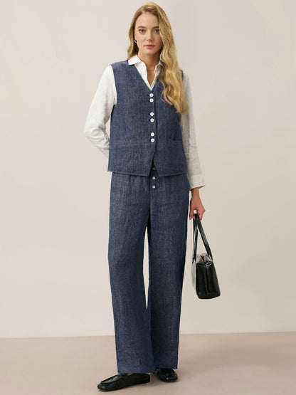 100% Linen Denim Texture Elastic Waist Straight Leg Pants HAZEL  DestGlow