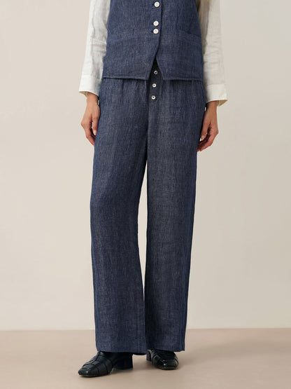 100% Linen Denim Texture Elastic Waist Straight Leg Pants HAZEL  DestGlow