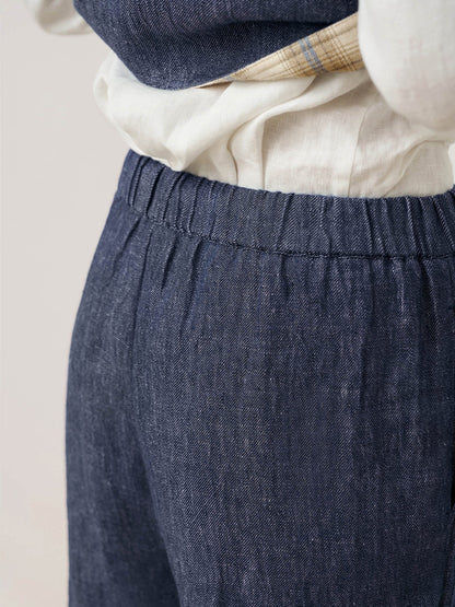 100% Linen Denim Texture Elastic Waist Straight Leg Pants HAZEL  DestGlow